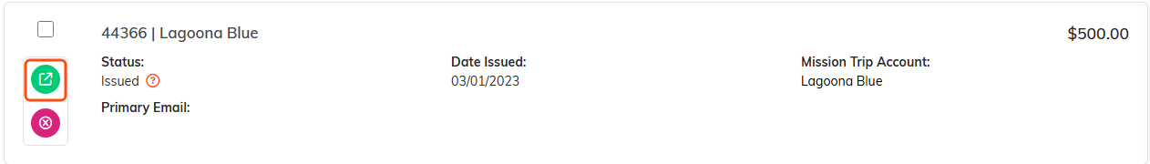 A reserved credit row in the list with its open icon outlined