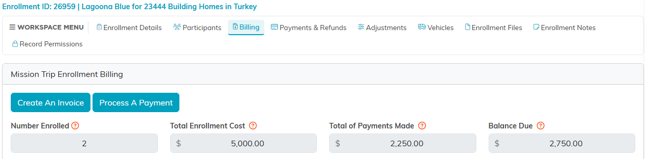 The Billing tab of an enrollment showing Total Enrollment Cost and Balance Due