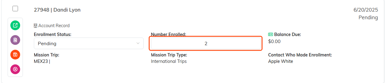 An enrollment row on the Enrollments list with the Number Enrolled field outlined