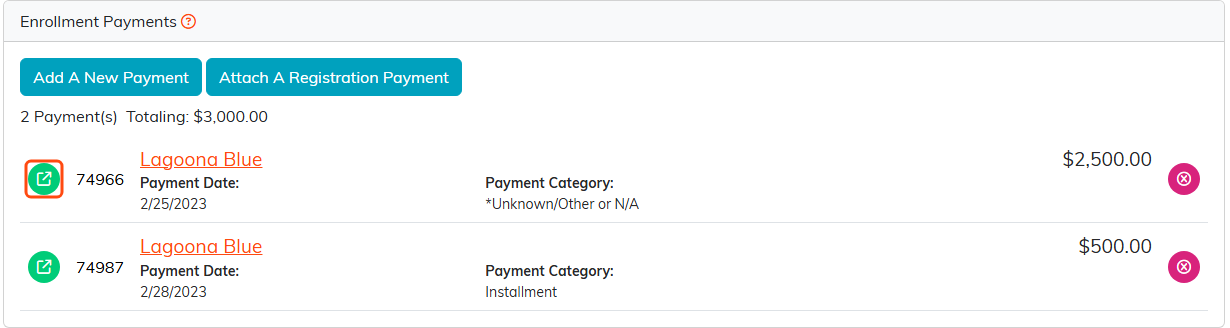 The Enrollment Payments list with the green open icon on a payment row outlined