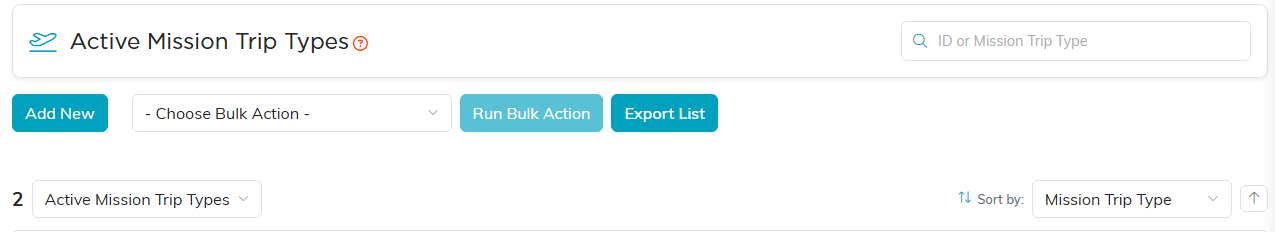 The Mission Trip Types list header with the search box and the status filter