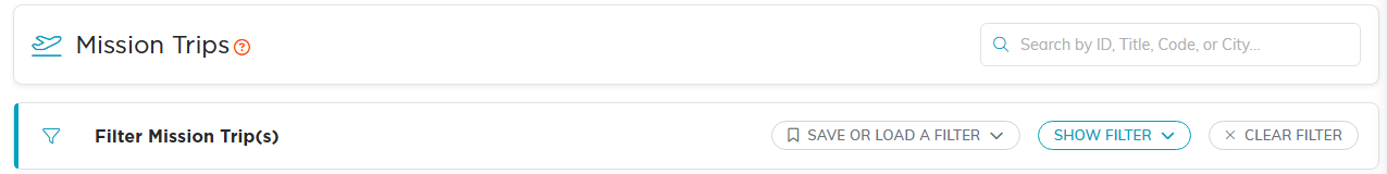 The Mission Trips list header with the search box and the filter bar