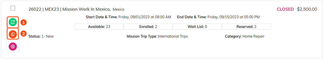 A trip row with the green open icon marked 1 and the orange copy icon marked 2