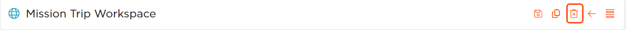 The Mission Trip Workspace title bar with the delete icon outlined