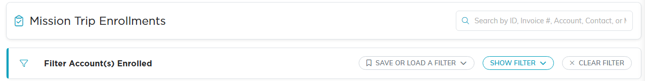 The Mission Trip Enrollments list header with the search box and the filter bar