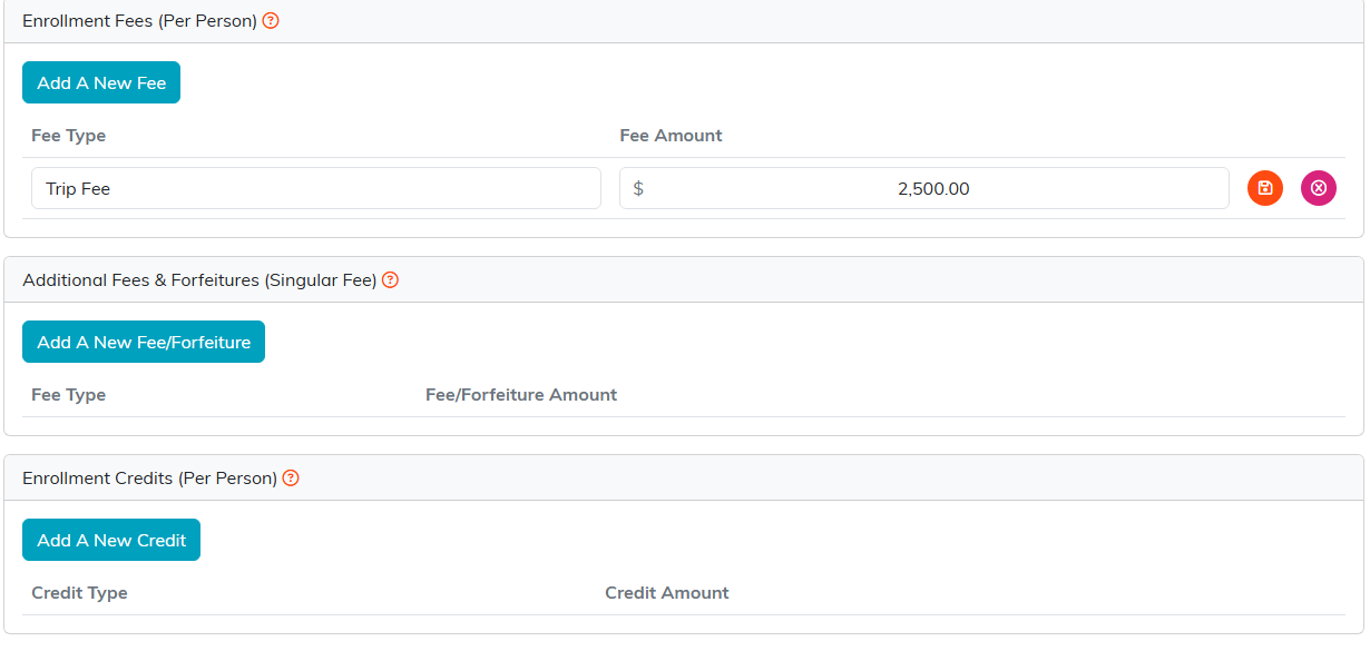 The enrollment fees, additional fees and forfeitures, and enrollment credits sections on the Billing tab