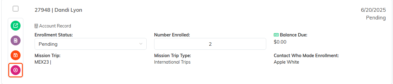 An enrollment row with the pink delete icon outlined