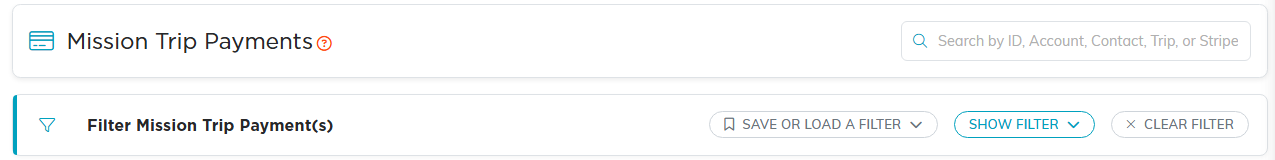 The Mission Trip Payments list header with the search box and the filter bar