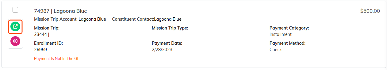 A payment row with the green open icon outlined