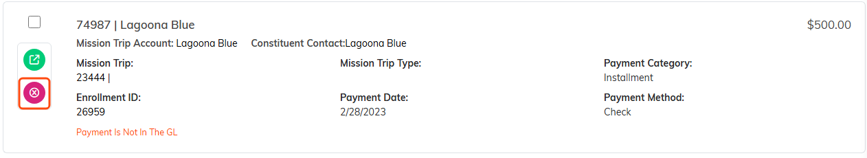 A payment row with the pink delete icon outlined