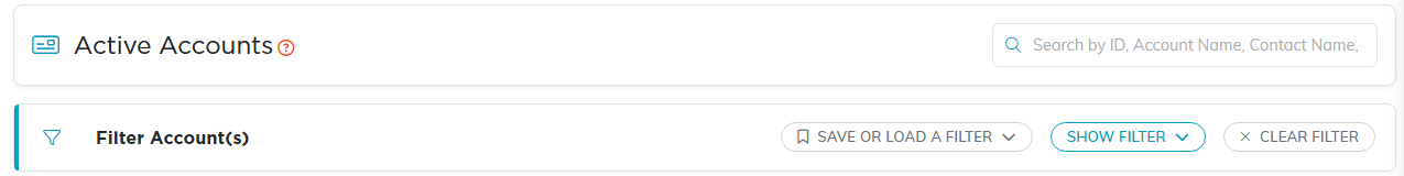 The Mission Trip Accounts list header with the search box and the filter bar