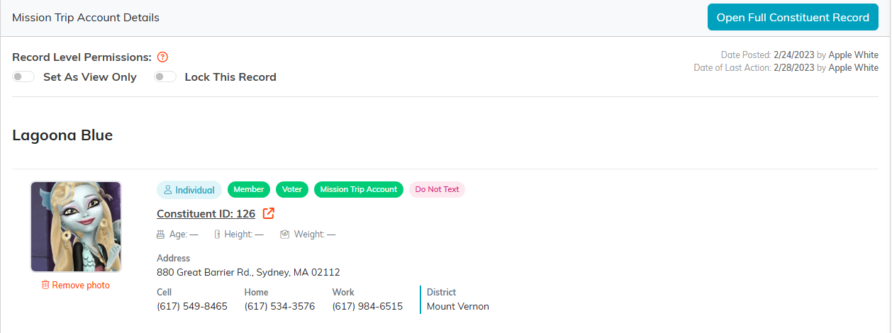 The Account Details tab showing the constituent card and the Open Full Constituent Record button