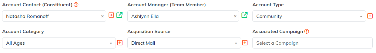 The editable account fields for contact, manager, type, category, source and campaign