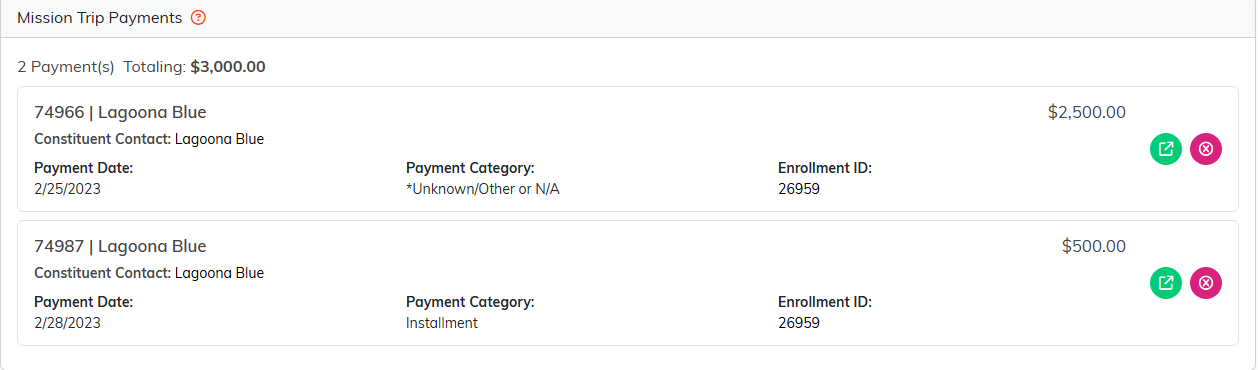 The account's Payments tab listing every payment across its trips