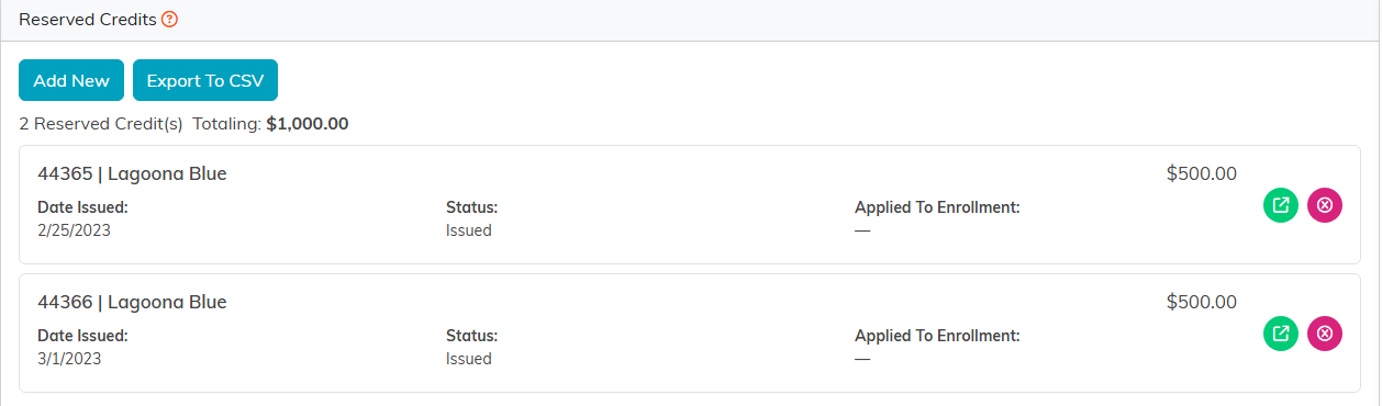 The account's Reserved Credits tab with the Add New button above the credits
