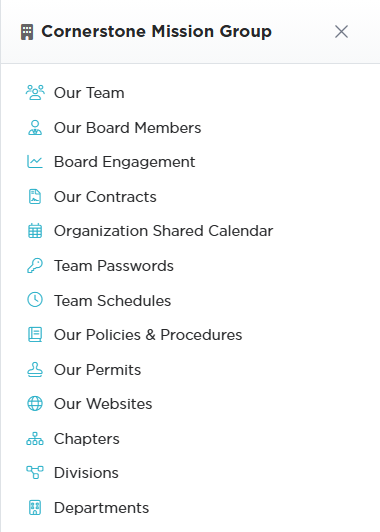 The Team menu panel opened from the organization name, listing Our Team, Our Board Members, Board Engagement, Our Contracts, Organization Shared Calendar, Team Passwords, Team Schedules, Our Policies and Procedures, Our Permits, Our Websites, Chapters, Divisions, and Departments