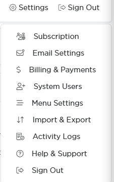The Settings menu open showing Email Settings