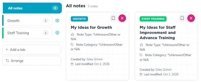 The tab rail on a notebook's Notes page: All notes, the Growth and Staff Training tabs with a settings gear beside each, Add a tab and Arrange, with each note card showing its tab name