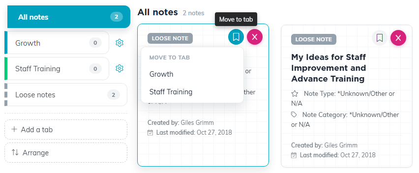 A note card's Move to tab menu open, listing the Growth and Staff Training tabs
