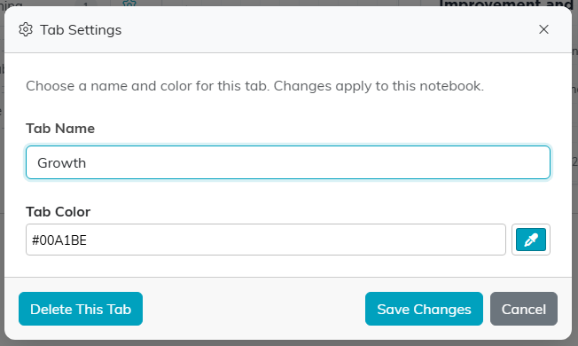 The Tab Settings window with Tab Name, Tab Color, Delete This Tab, Save Changes and Cancel