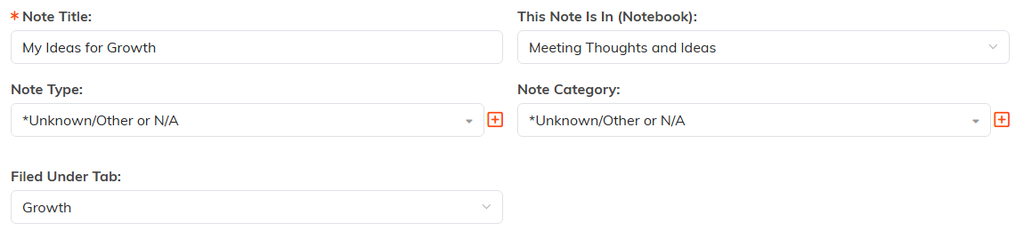 Notebook Note Details with the Filed Under Tab dropdown set to Growth below Note Type