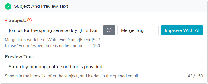 The Subject And Preview Text step with a subject using the merge tag FirstName with the fallback Friend, and a preview text line