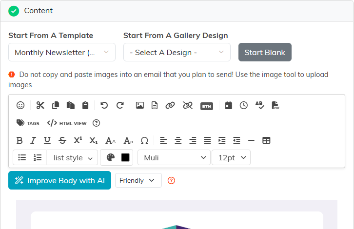 The Content step with Start From A Template set to a newsletter, the Start From A Gallery Design list, the Start Blank button and the top of the editor