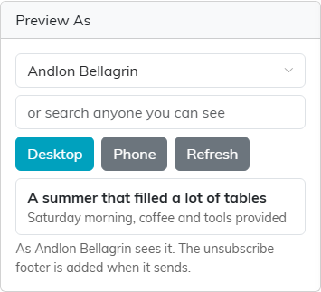 The Preview As card with a recipient chosen, the Desktop, Phone and Refresh buttons, and the inbox line showing the subject and preview text