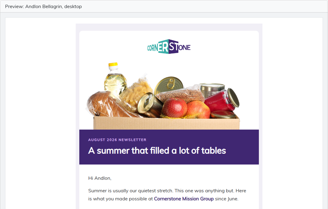 The top of the desktop preview, greeting the recipient by first name