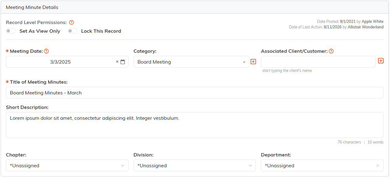 The Meeting Minute Details form showing date, category, title and description fields