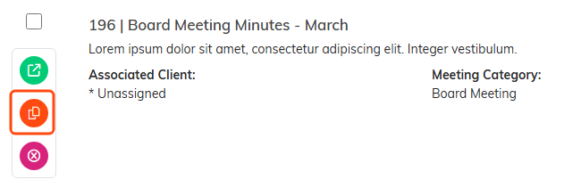 The Copy and Add New icon on a row of the Meeting Minutes list