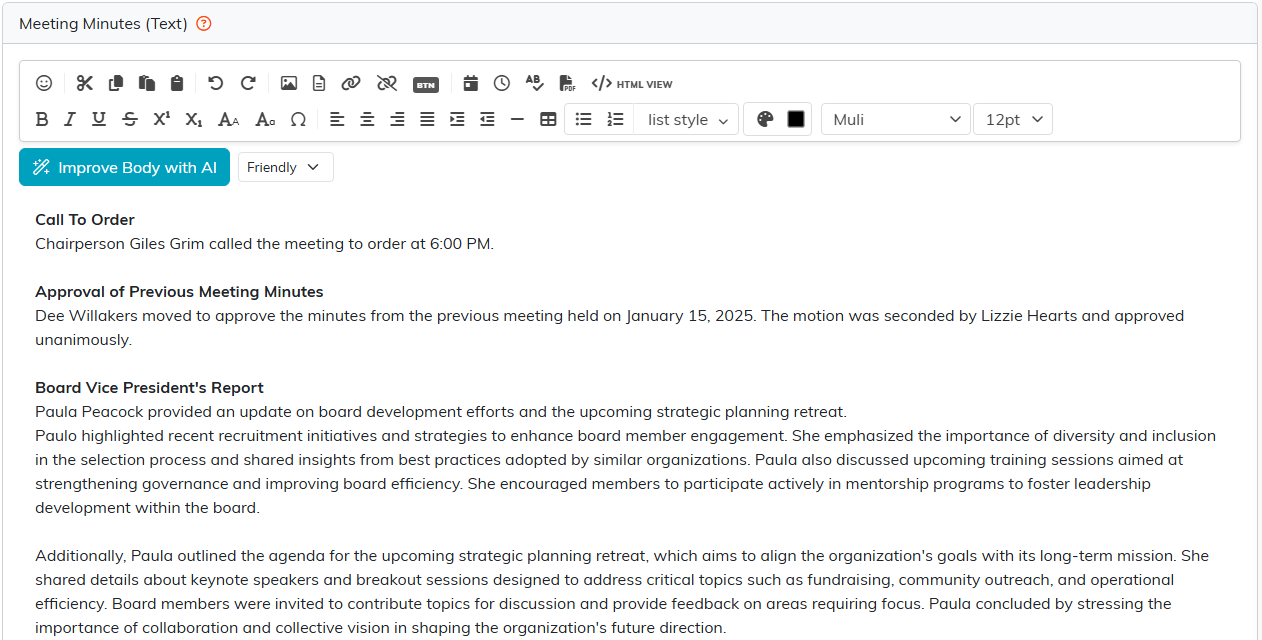 The Meeting Minutes Text page with the editor and typed minutes
