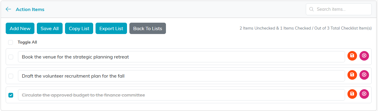 A meeting checklist called Action Items with three items, one of them ticked