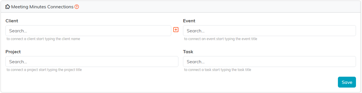 The Connections page with Client, Event, Project and Task search boxes