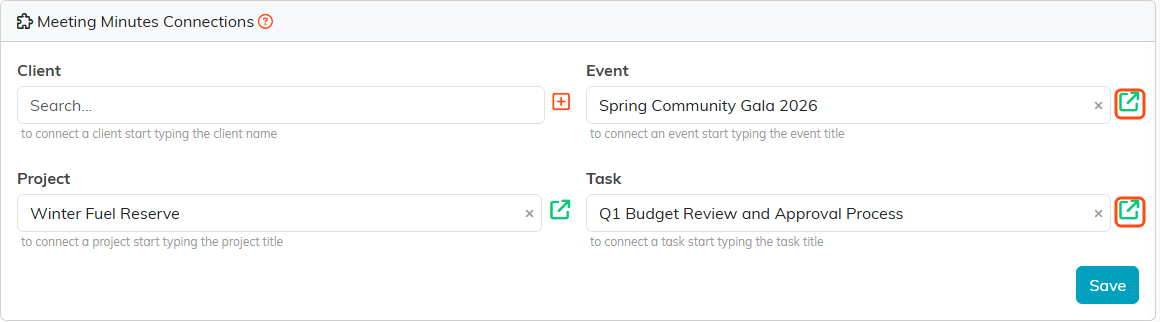 The Connections page with a green open icon beside the connected event, project and task
