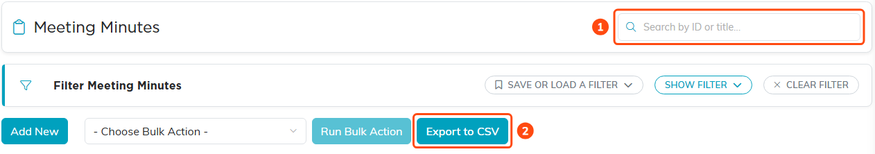 The search box and the Export to CSV button on the Meeting Minutes list