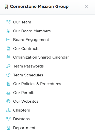 The organization panel opened from the building icon, with Our Policies and Procedures in the list