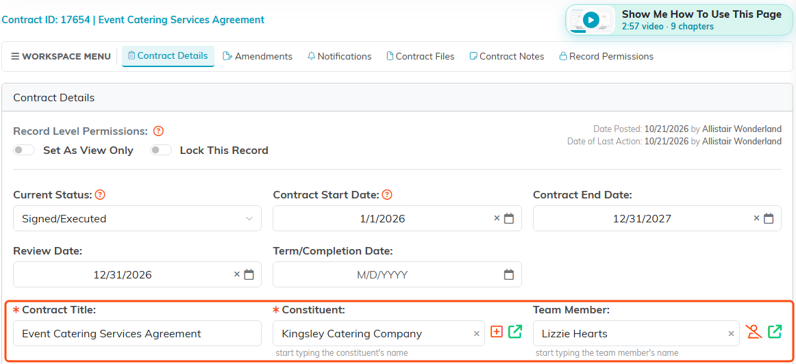 The Contract Details page with the Show Me How To Use This Page video at the top right, and the Contract Title, Constituent and Team Member fields outlined