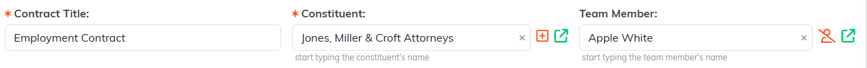 The Contract Title, Constituent and Team Member fields