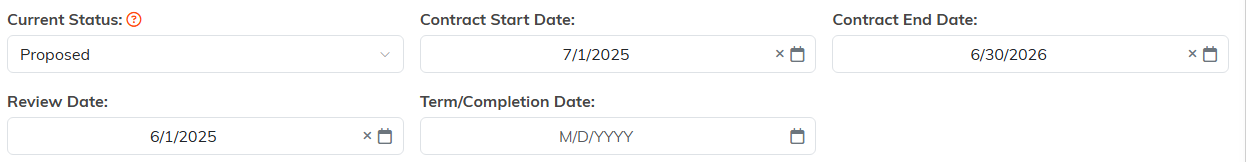The Current Status, Contract Start Date, Contract End Date, Review Date and Term Completion Date fields