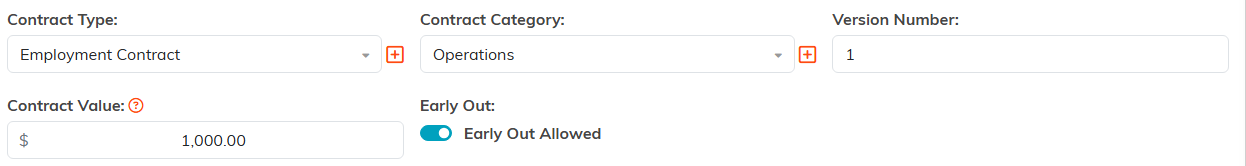 The Contract Type, Contract Category, Version Number, Contract Value and Early Out fields