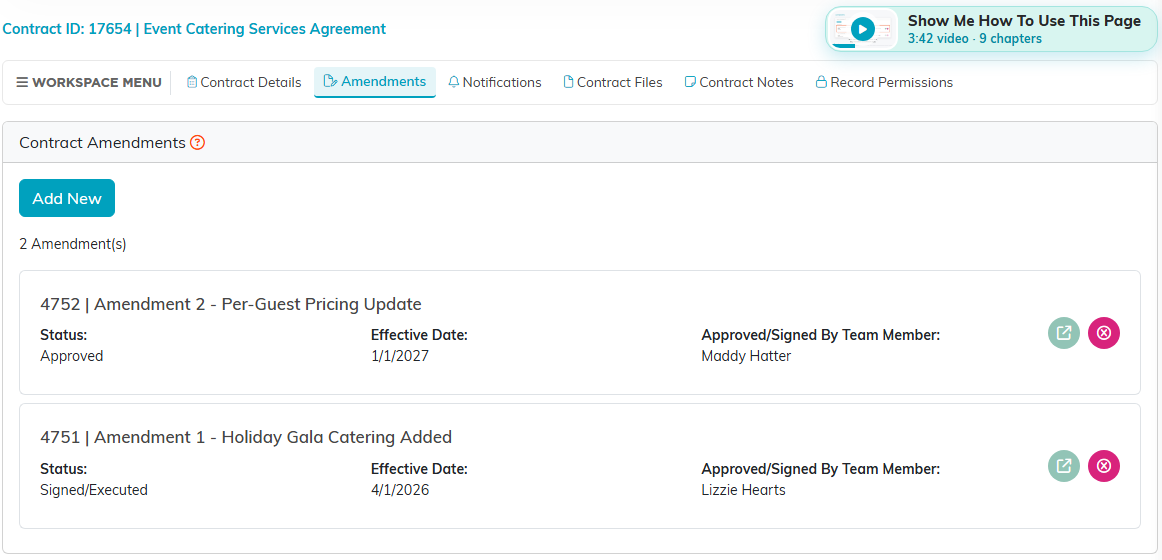 The Amendments page of a contract listing two amendments, with the Show Me How To Use This Page video at the top right
