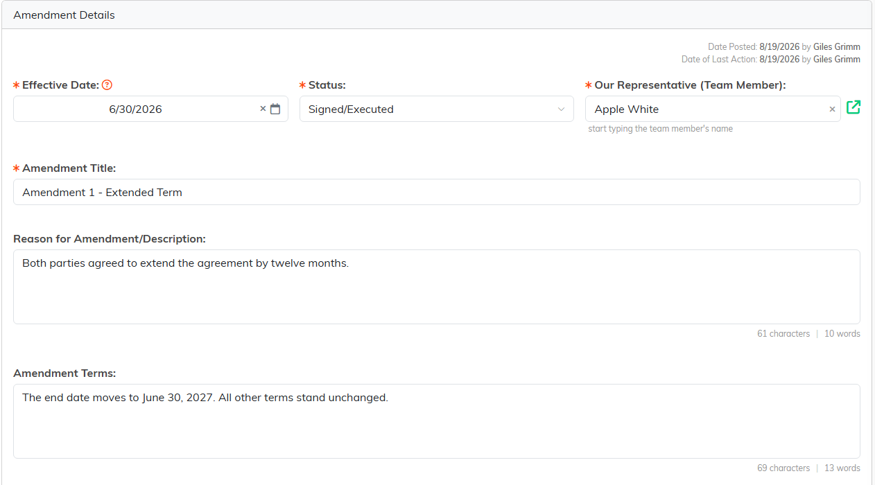 The Amendment Details form with effective date, status, title, reason and terms