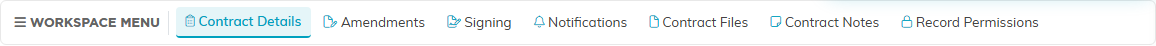 The Contract Workspace menu bar listing every page of the record