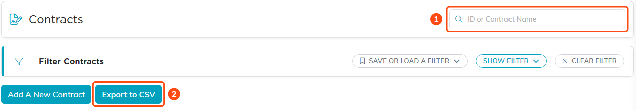 The search box and the Export to CSV button on the Contracts list