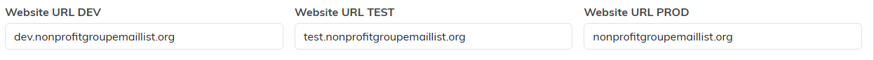 The Website URL DEV, Website URL TEST and Website URL PROD fields