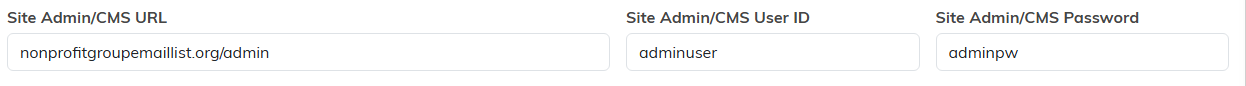 The Site Admin CMS URL, User ID and Password fields