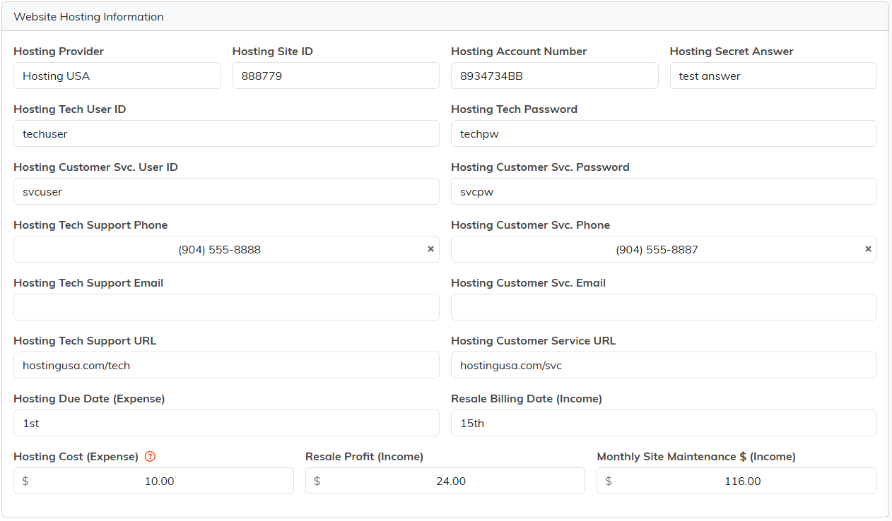 The Website Hosting Information page with provider, account, support contacts and costs