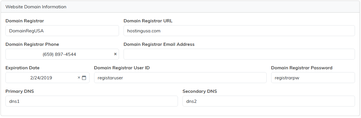 The Website Domain Information page with registrar, expiration date and DNS fields