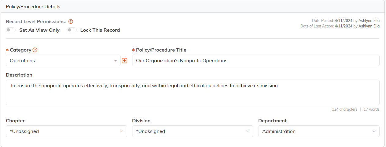 The Policy Procedure Details form with category, title, description and organization fields